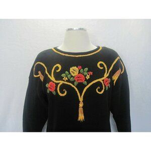 Vintage Women's Sweater Marisa Christina Black Gold Red Embroidered Size Medium